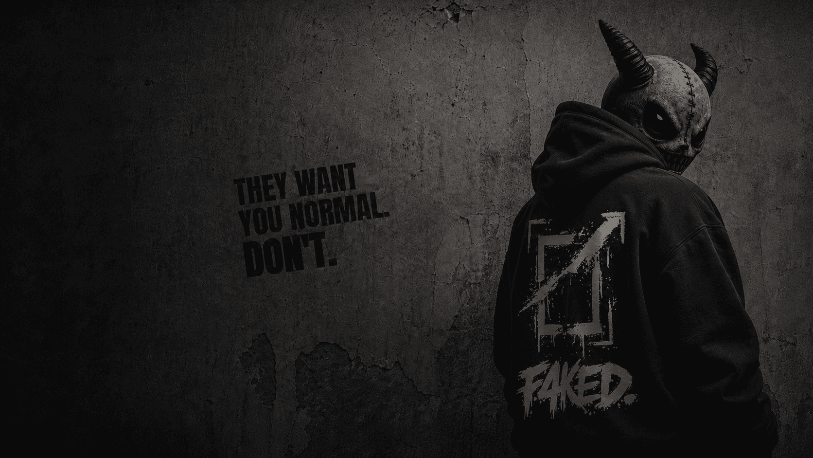 A Faceless figure beside a damaged wall marked by The Feed